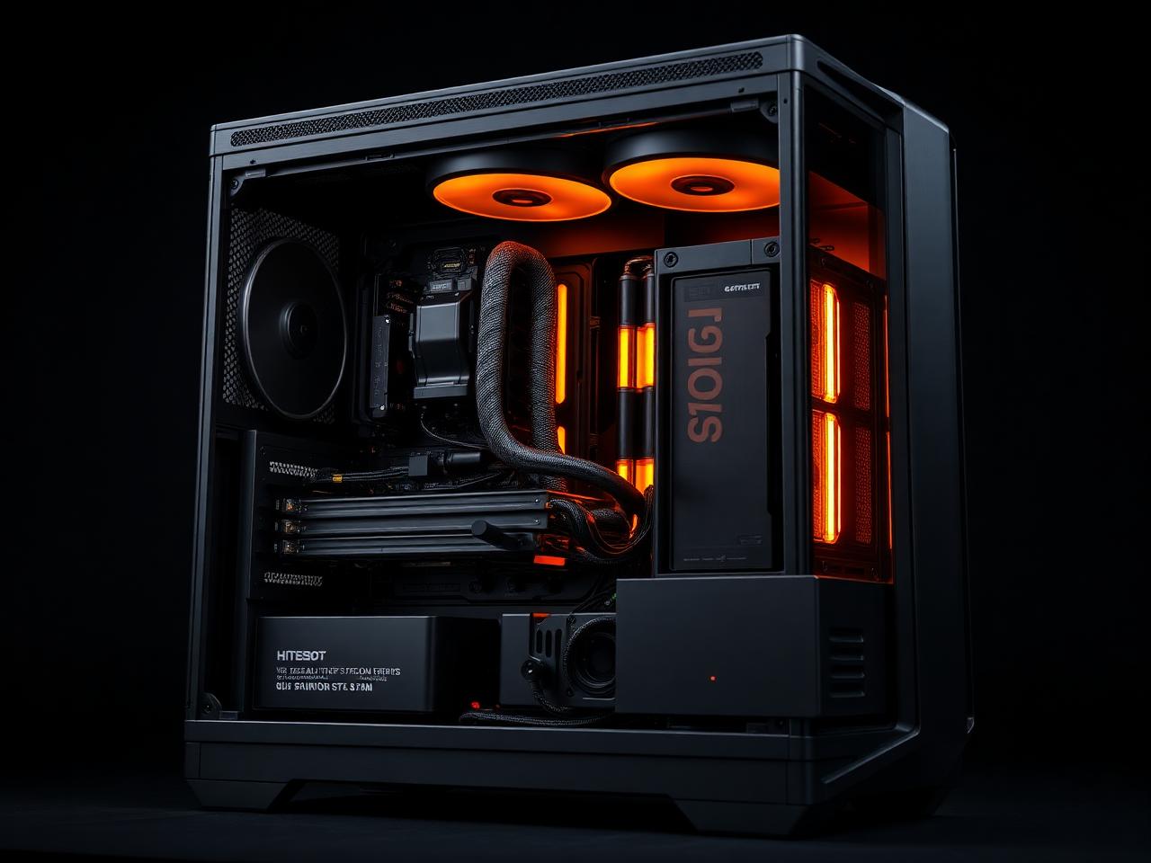 Vanguard Obsidian-7 series custom liquid-cooled PC with amber accent lighting